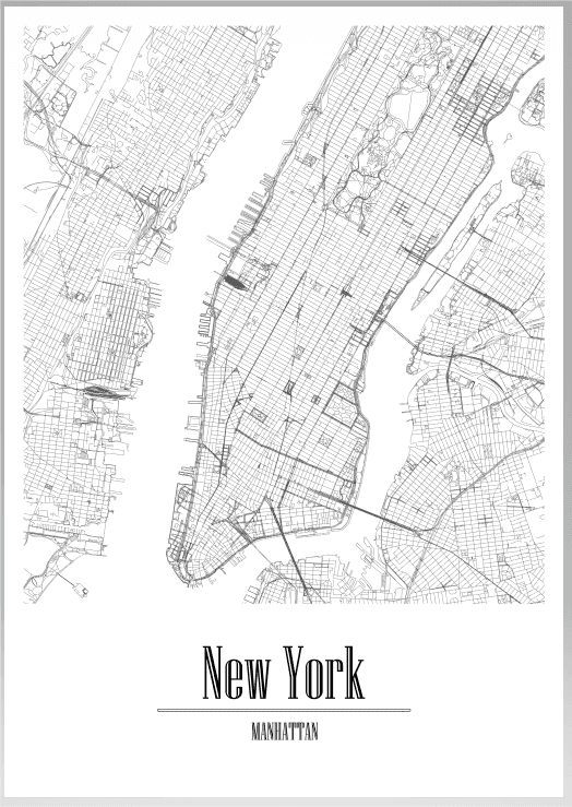 Poster preto e branco do mapa de Manhattan, Nova Iorque, com os textos New York e MANHATTAN.
