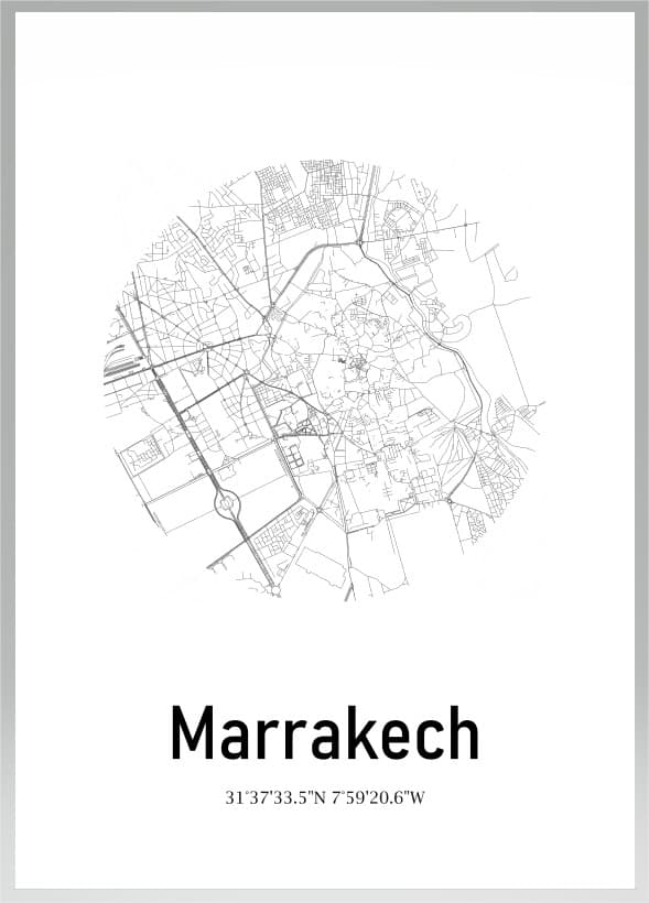Poster minimalista com mapa da cidade de Marrakech e suas coordenadas geográficas