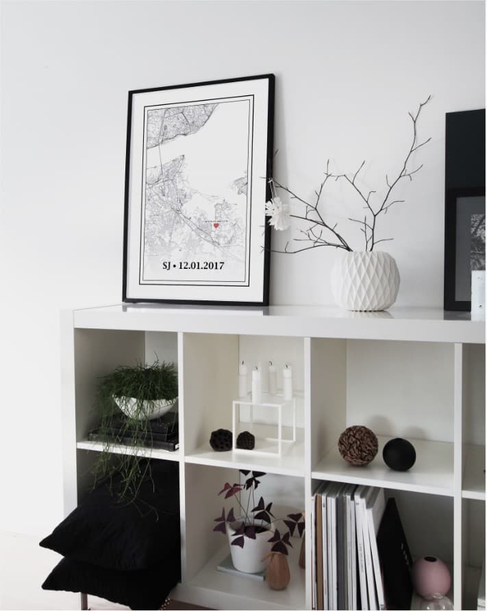 Móvel branco com plantas e livros e quadro com mapa e texto SJ • 12.01.2017
