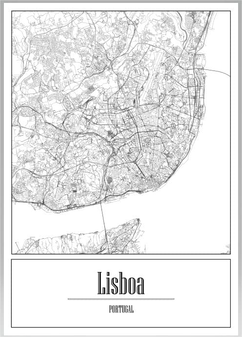 Mapa preto e branco detalhado da cidade de Lisboa com texto Lisboa Portugal na parte inferior