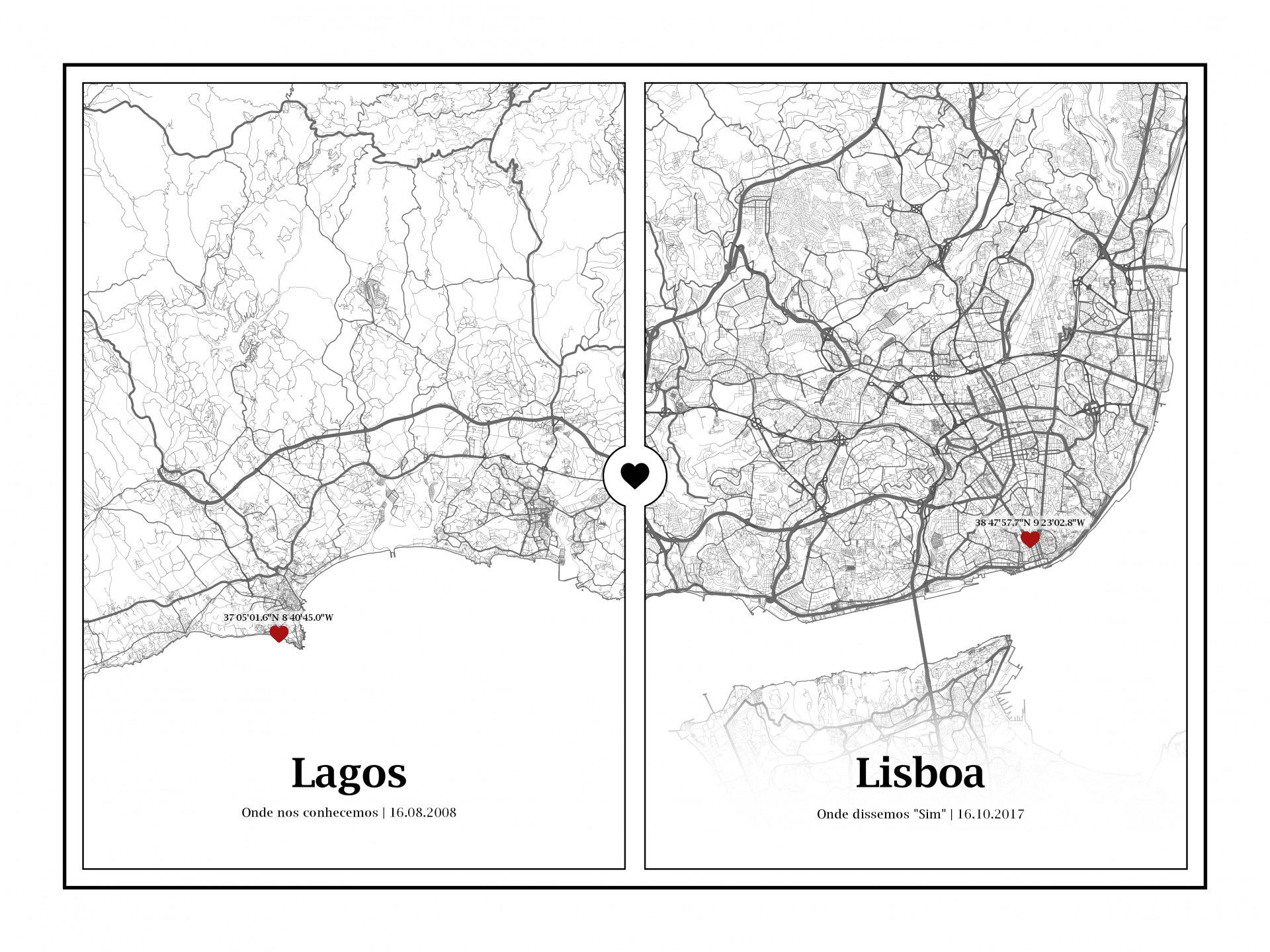 Mapa minimalista em preto e branco de Lagos e Lisboa com corações vermelhos a marcar as cidades