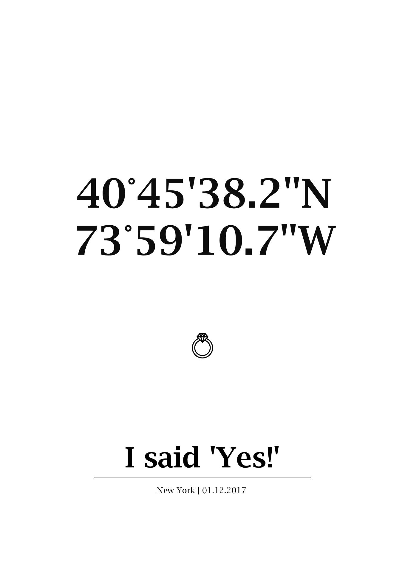 Coordenadas, ícone de anel, texto 'I said Yes!' e data em fundo branco