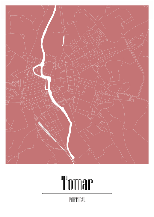 Mapa estilizado da cidade de Tomar, Portugal, em branco e rosa
