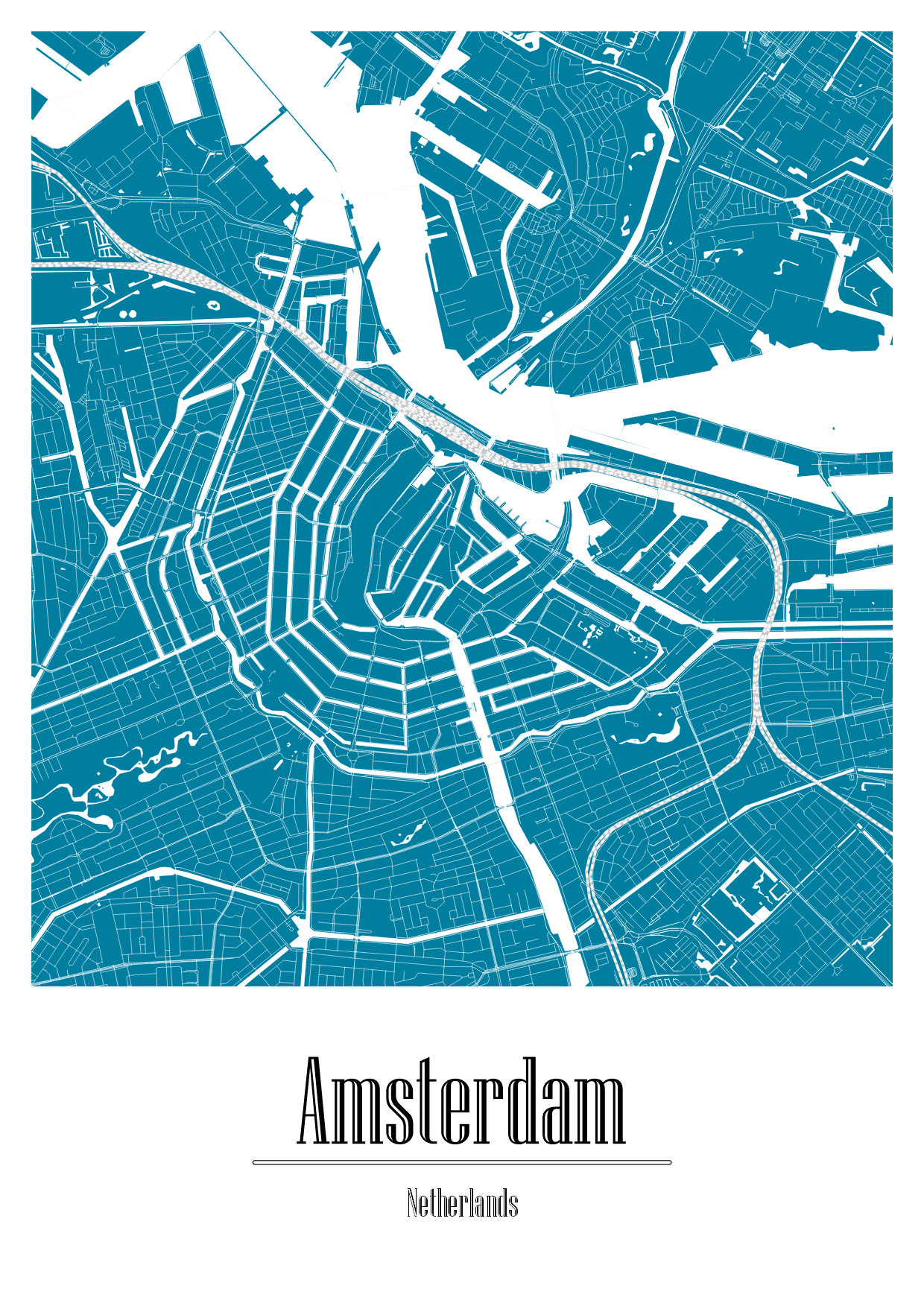 Mapa estilizado de Amesterdão em azul e branco com texto no rodapé