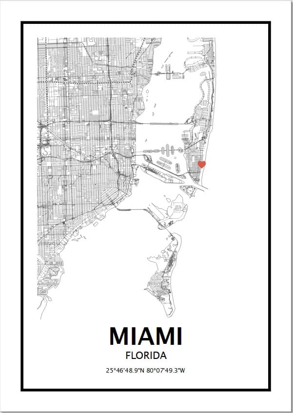 Mapa preto e branco de Miami com um coração vermelho e coordenadas.