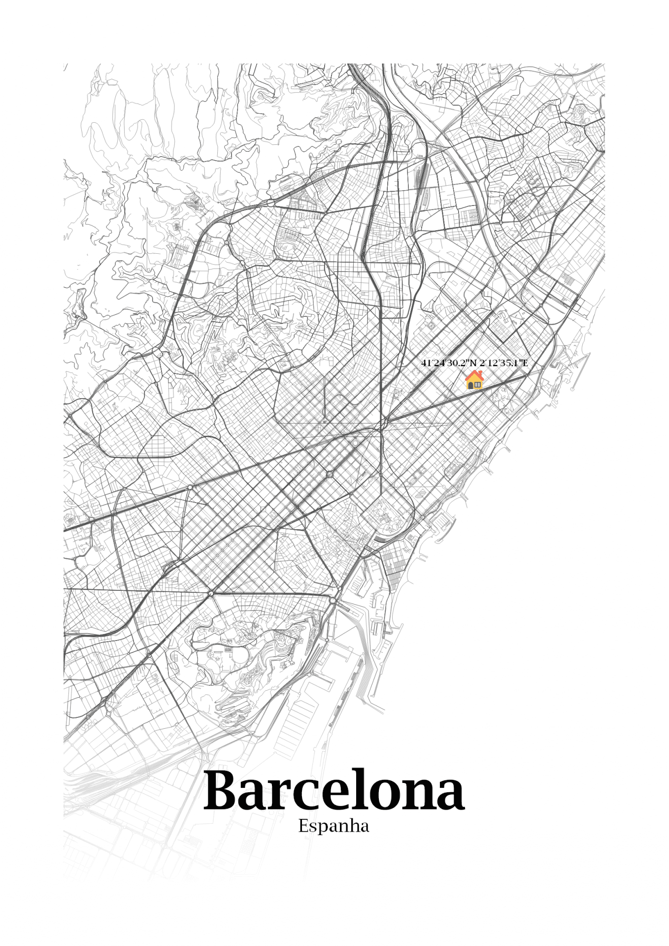 Mapa preto e branco da cidade de Barcelona com coordenadas e ícone de casa