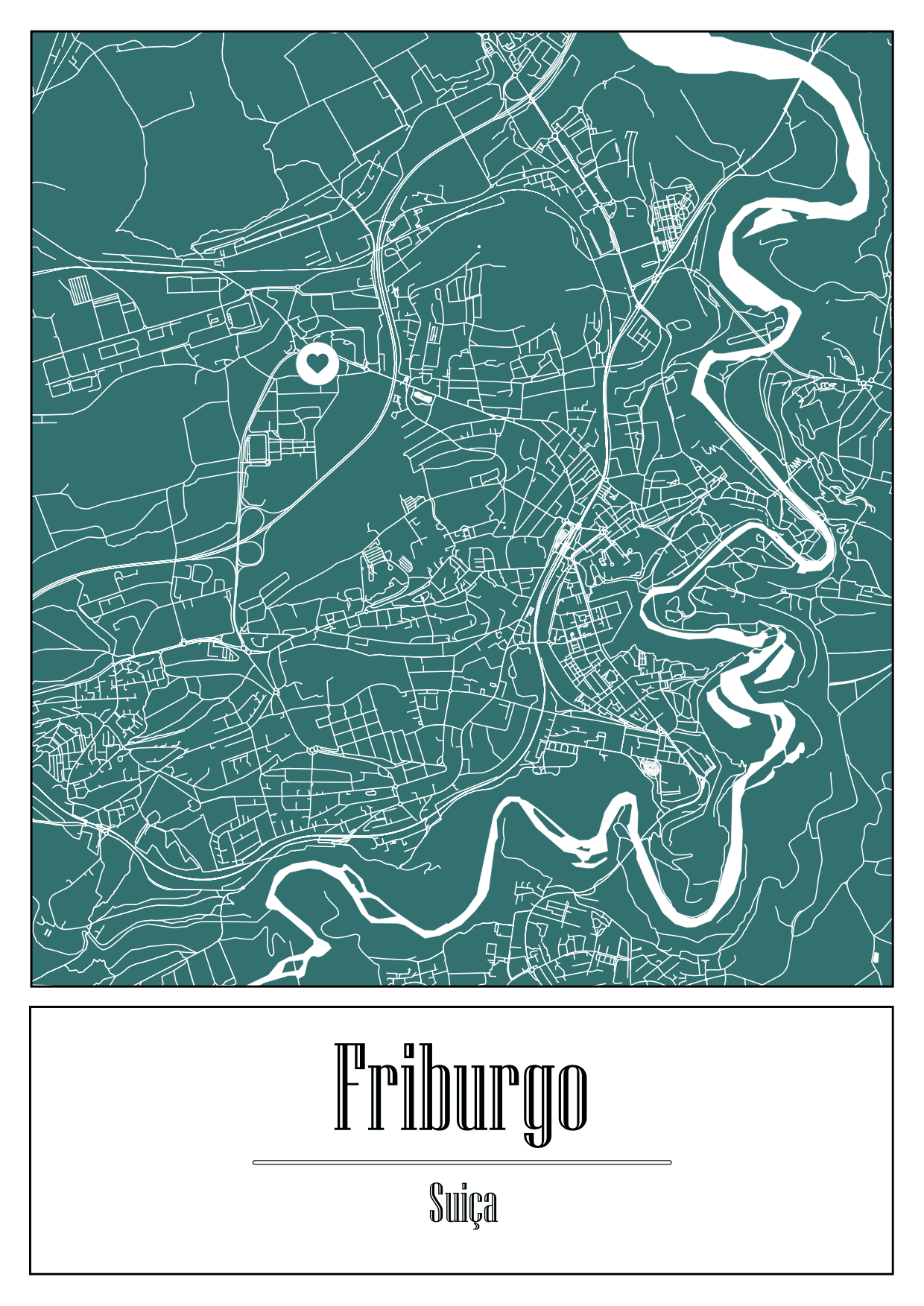 Mapa estilizado de Friburgo, Suíça, com destaque em verde e branco