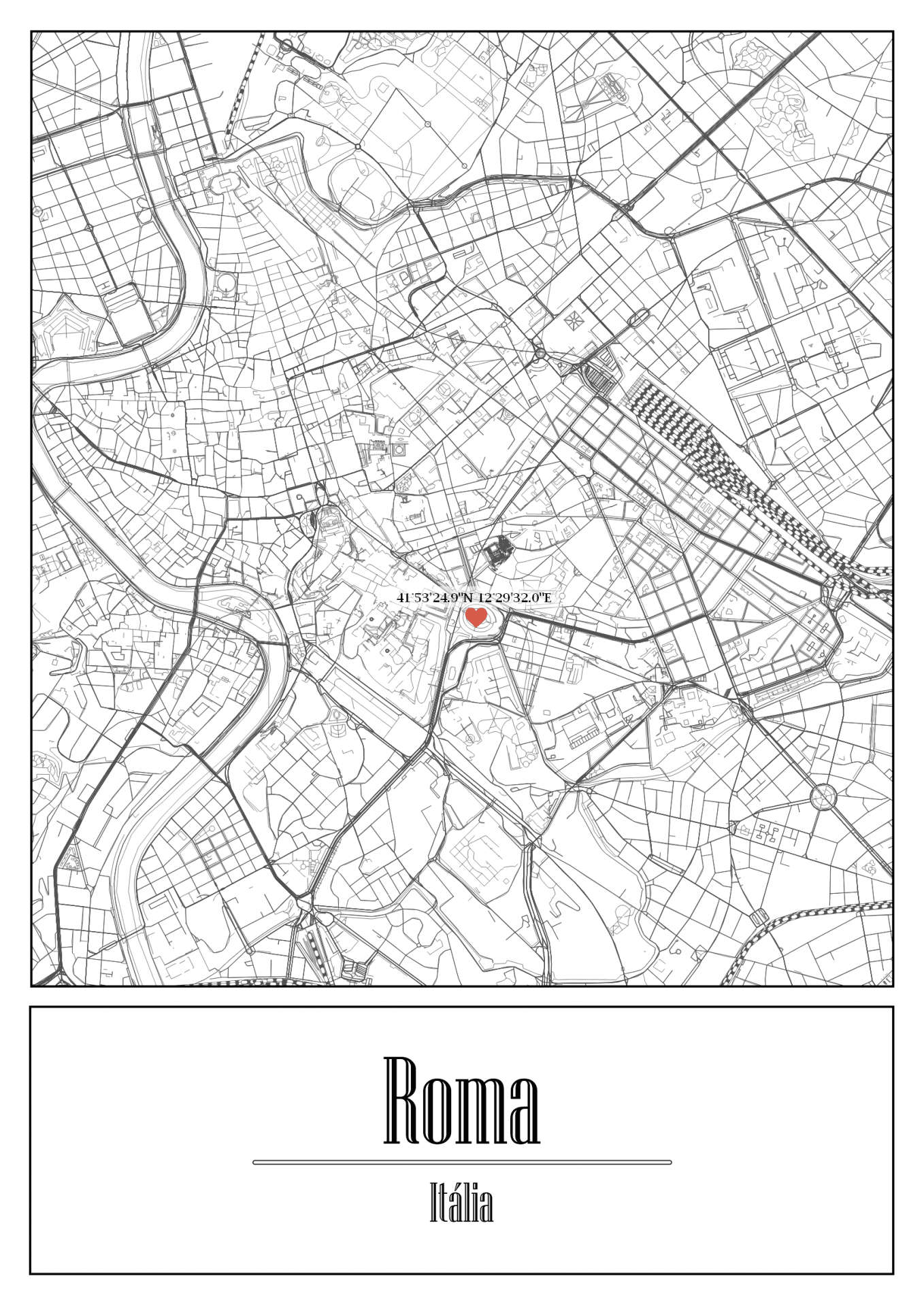 Mapa monocromático da cidade de Roma com marcador vermelho e texto Roma Itália