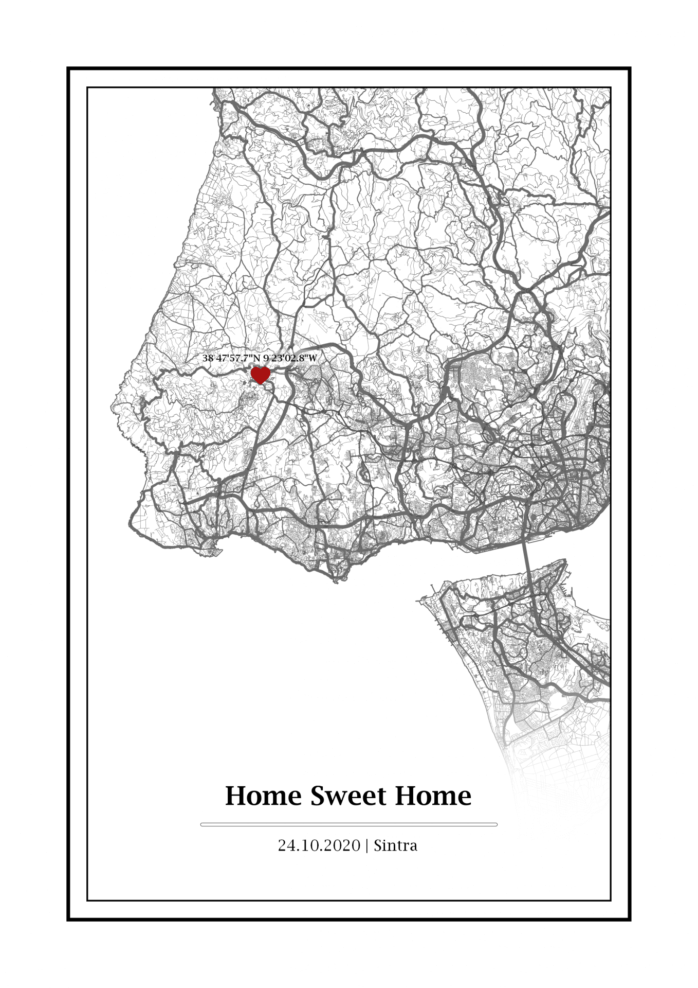 Mapa em preto e branco com destaque em vermelho em Sintra e texto 'Home Sweet Home'