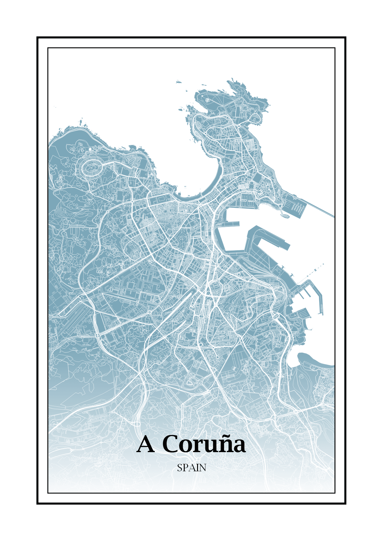 Mapa estilizado da cidade de A Coruña em tons de azul claro e branco