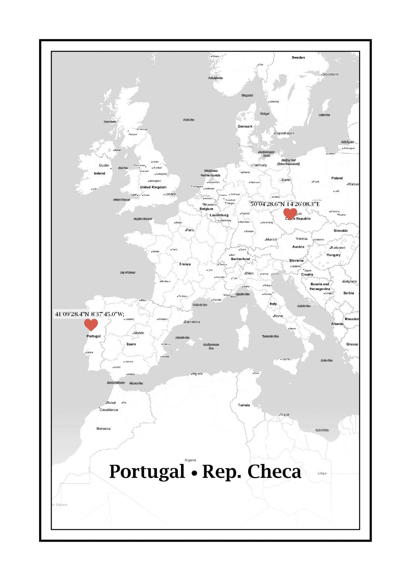 Mapa em preto e branco da Europa com corações vermelhos em Portugal e República Checa e coordenadas GPS