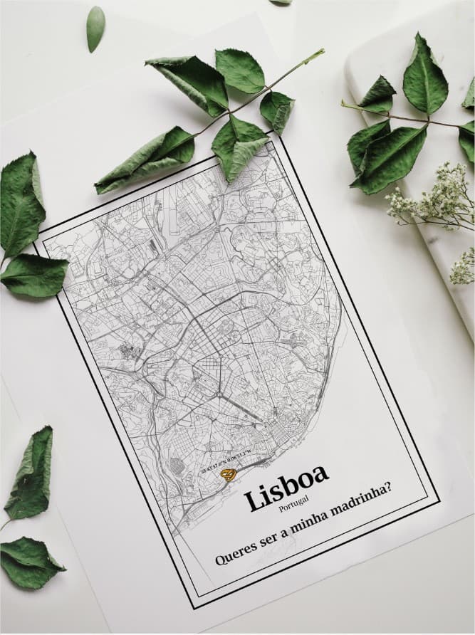 Poster mapa Lisboa com texto convite rodeado por folhas verdes e flores brancas