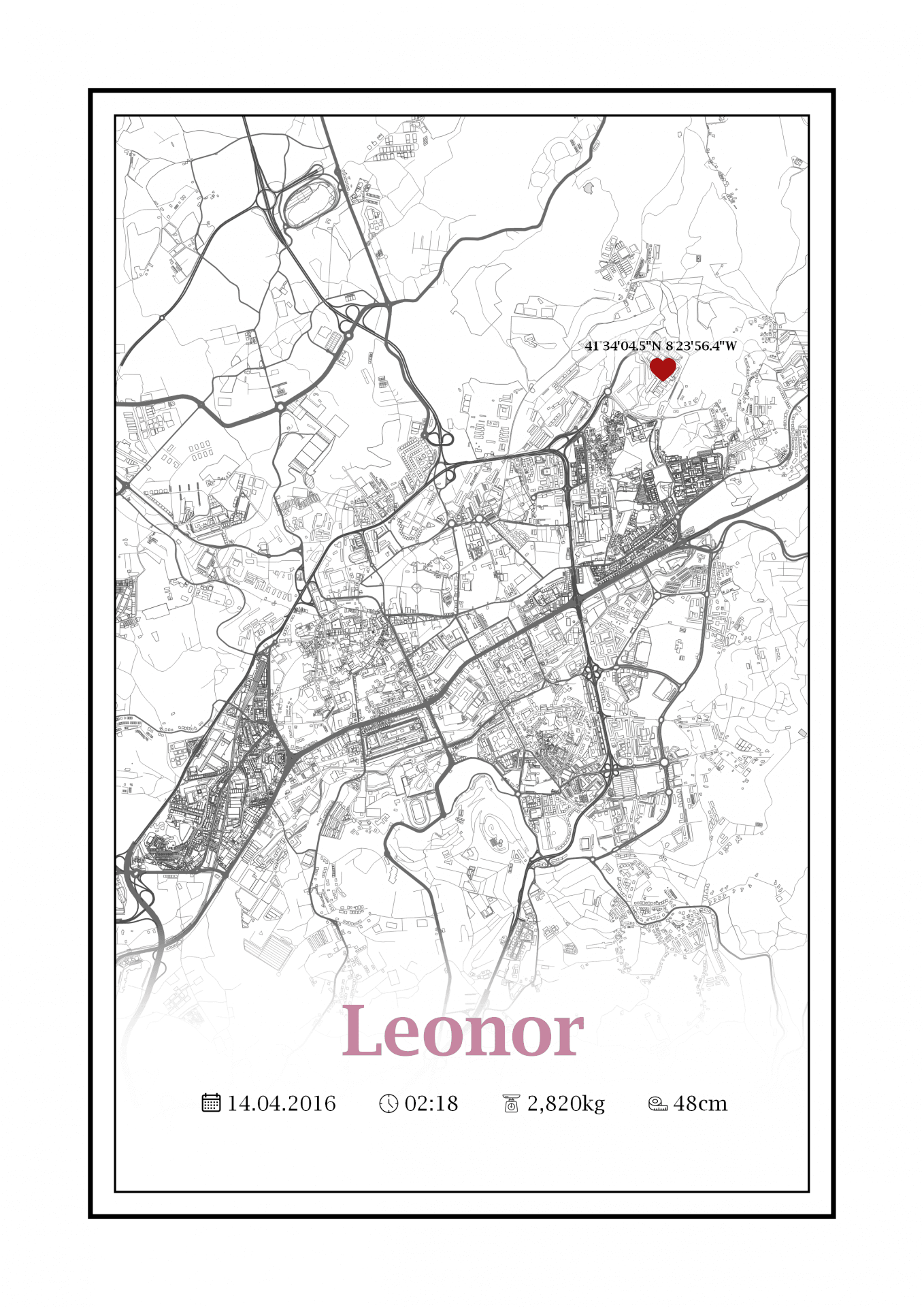 Mapa preto e branco com coração vermelho e detalhes de nascimento de Leonor
