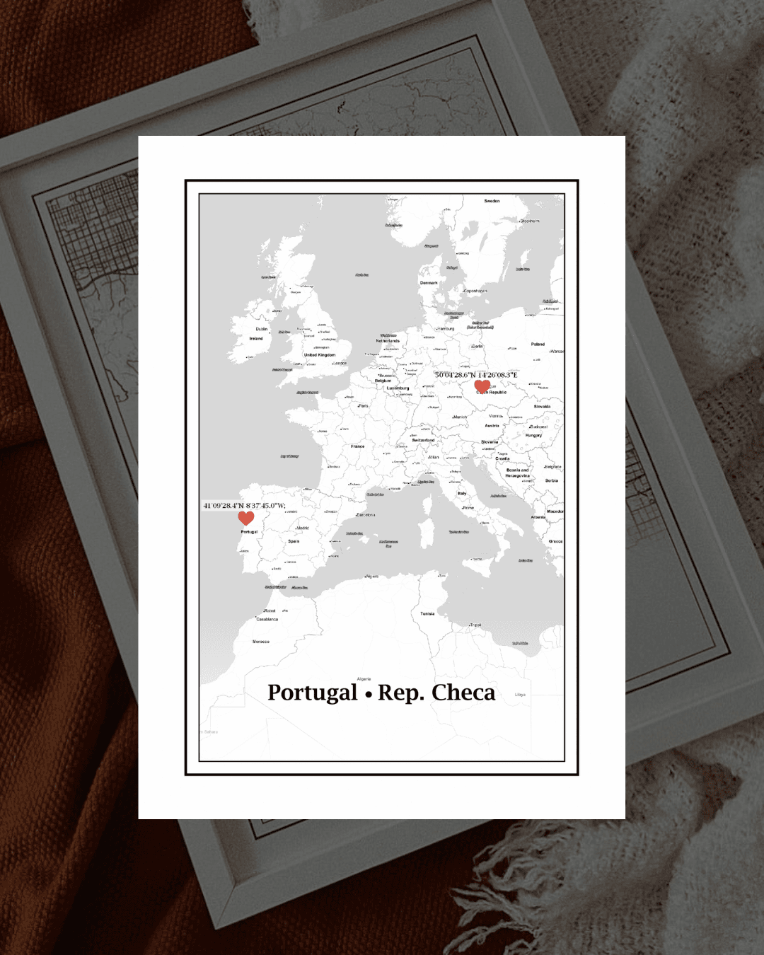 Mapa da Europa em quadro com Portugal e República Checa destacados