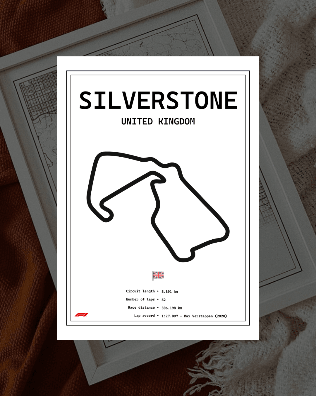 Póster do circuito de Silverstone com detalhes técnicos e moldura cinza